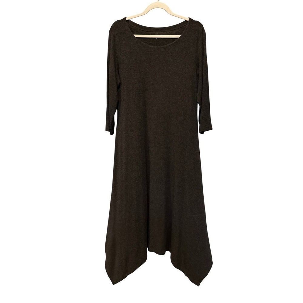 Eileen Fisher Midi Dress Asymmetrical Hem Lagenlook Charcoal Gray Jersey Chic M